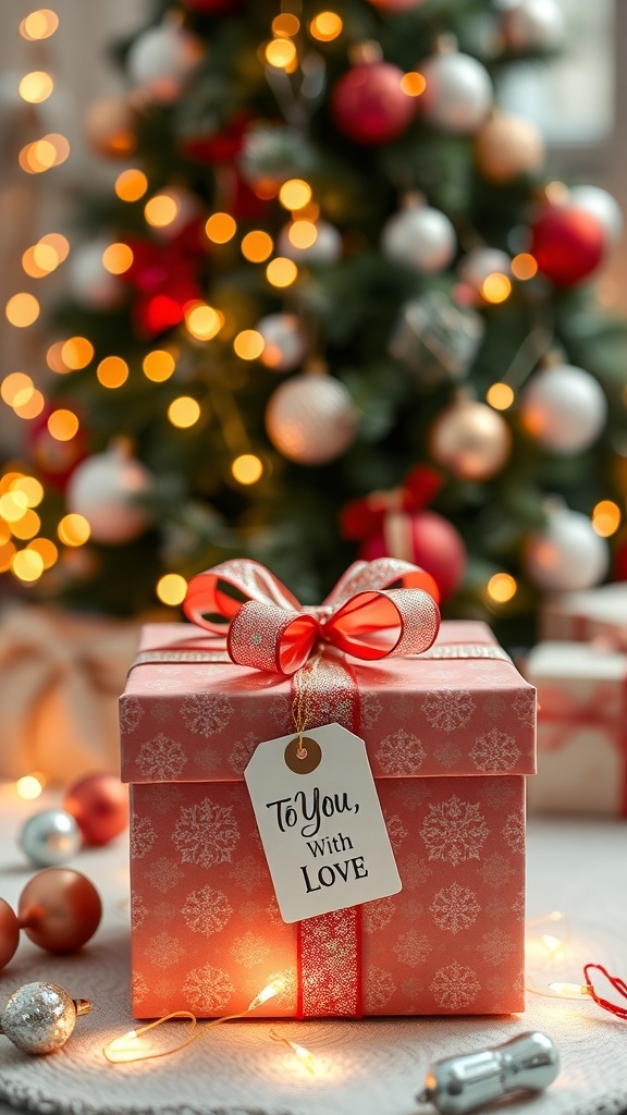 A festive Christmas gift box with decorations and a Christmas tree in the background.